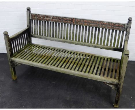 An early 20th century garden bench, inscribed with  verse 'The kiss of the sun for pardon, the song of the birds for mirth' &