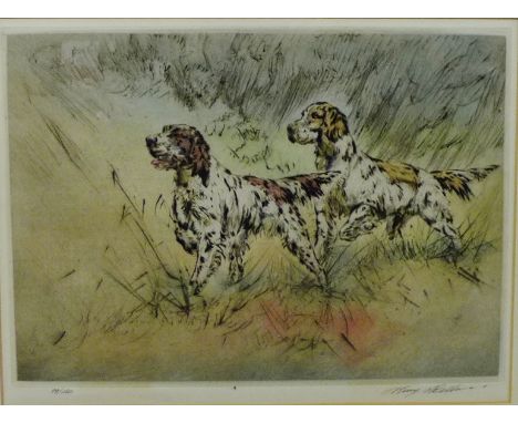 Henry Wilkinson  Coloured etching of two Hunting Dogs, numbered 99/150,  signed in pencil, in a glazed gilt wood frame, 36 x 