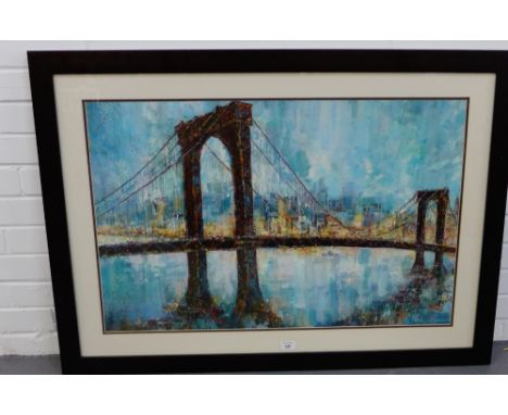 'Brooklyn Bridge' contemporary coloured print in a glazed frame, 88 x 57cm