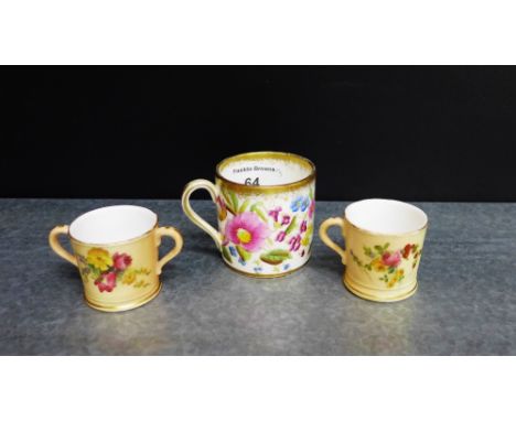 A Royal Worcester blush ivory miniature loving cup together with a Royal Worcester tankard, 4cm high and a Hammersley & Co fl