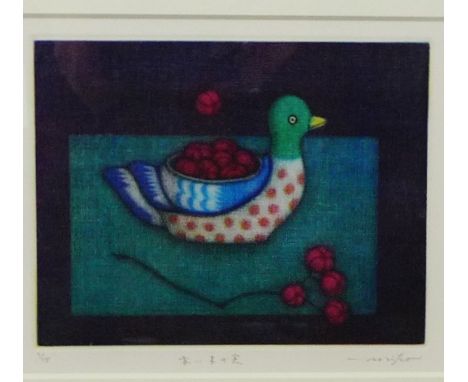 Noriko Harashima  'Duck with Cherries' Coloured etching, signed in pencil, in a glazed frame, 18 x 15cm 