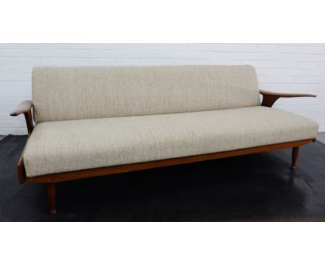 Greaves & Thomas teak framed sofa bed, with angular arms and oatmeal wool upholstery,  73 x 208cm