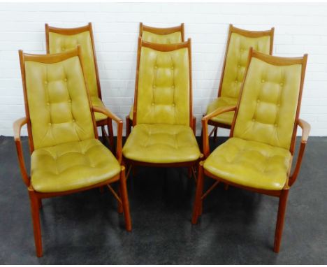 A set of six retro teak and  button back vinyl upholstered chairs , 99 x 55cm (6) 