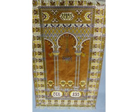 An Eastern silk prayer mat the golden field with minorettes and hanging light pattern with flowerhead borders, mounted on a w