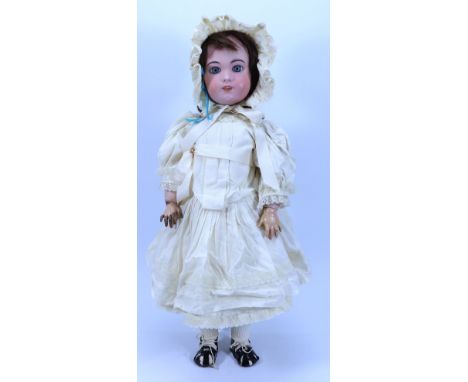 A large Tete Jumeau 230 bisque head doll, French circa 1910, with light blue glass paper-weight eyes, feather brows, open mou