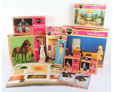 Collection of Vintage Sindy, 1970s, boxed Sindy doll in yellow leotard, Bathroom gift set, Shower, Horse, Dining table and ch