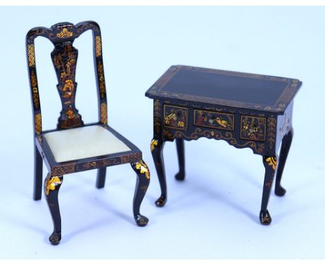 Fine wooden 1/12th scale Dolls House black Chinoiserie Desk and Chair by Judith Dunger, 1990s, three drawer desk with cabriol