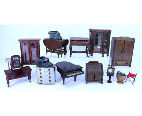 Collection of wooden Dolls House furniture, 1920s/30s, including German cabinet 4 ¾” (12cm) tall, piano, sewing table and gat