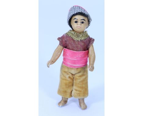 A rare Gebruder Kuhnlenz 649 brown all-bisque boy doll in original clothes, German circa 1910, with fixed brown glass eyes, s