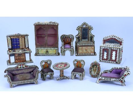 Card shell decorated Dolls House furniture, circa 1900, including paper lithographed cupboard with glazed doors with embossed