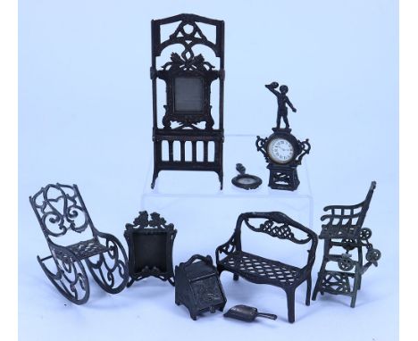 French penny toy Dolls House furniture, including hallway stand 4” (10cm) high, rocking chair, bench, coal scuttle and shovel