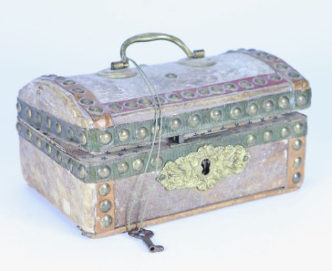 A small 19th century trunk for doll, the hide covered wooden trunk with brass handle and studwork, decorative gilt to key-hol