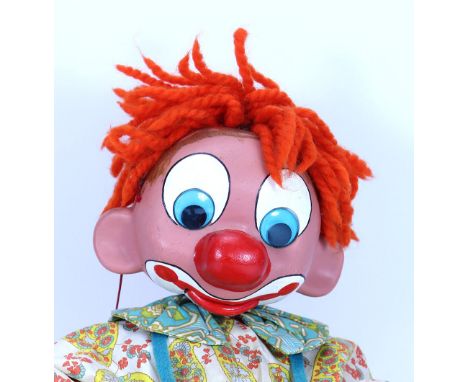 Pelham Puppet No.2 large Clown puppet, 1970s, painted features, hinged mouth and googly eyes, orange hair, (good condition).
