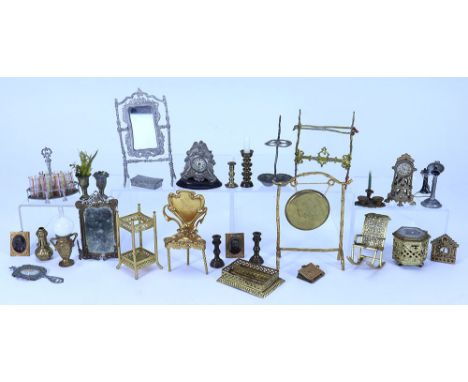 Selection of gilt and silver metal Dolls House furniture and ornaments, German 19th century, gilt Art Nouveau chair with hear