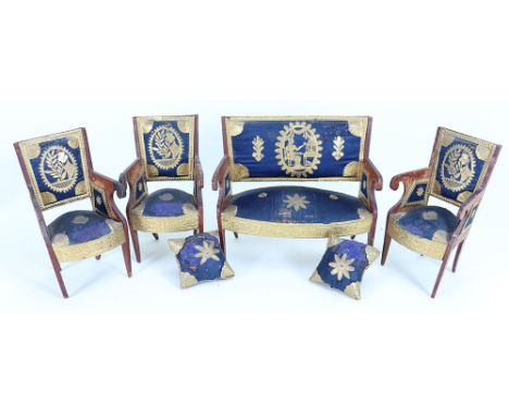 A good suite of wooden Empire style chairs and sofa, French mid 19th century, set of three chairs and sofa with cushions, all