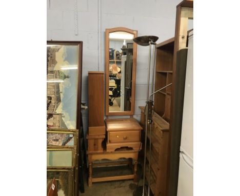 A pine cheval mirror and a CD rack etc.