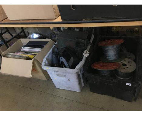 Four boxes of assorted, to include LPs, tools and a quantity of wire cables etc.