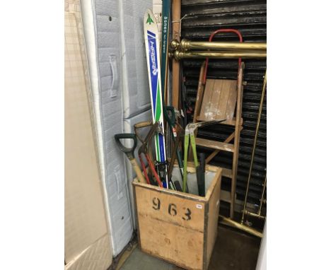 Assorted garden tools and skis etc.