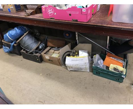 Five boxes of assorted, to include wire cable, tools and a trolley etc.