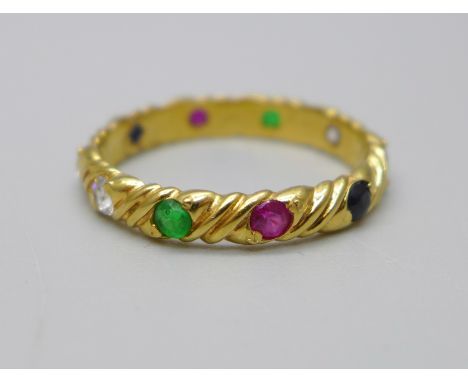 A 21k gold multi-gem set ring including ruby, emerald and sapphire, 3g, O 