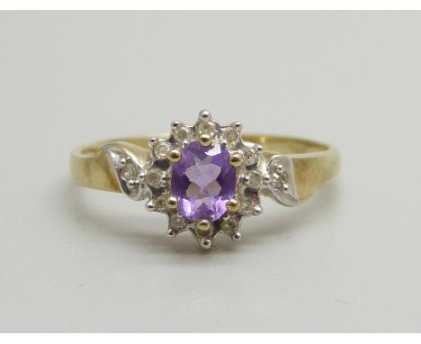 A 9ct gold, amethyst and diamond cluster ring, 1.7g, N 