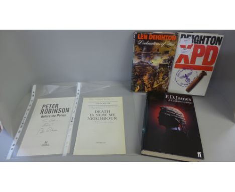 Three first edition novels together with signed title pages for two other books including XPD by Len Deighton (1981) and Befo