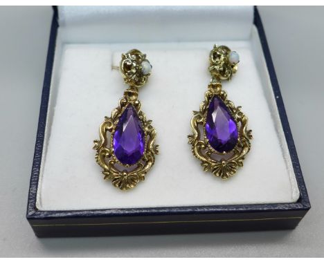 A pair of 9ct gold, amethyst and opal earrings, 8g 