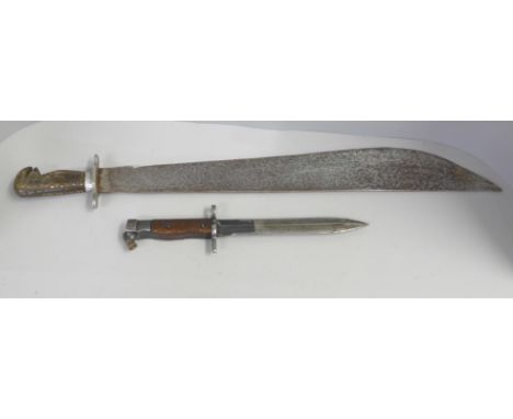 A short sword or machete with carved horn handle and a bayonet lacking scabbard 