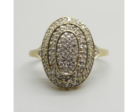 A 9ct gold and diamond cluster ring, approximately 50 stones, 3.2g, O 