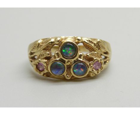 A 14ct gold, opal and pink gem-stone set ring, 3.6g, P 