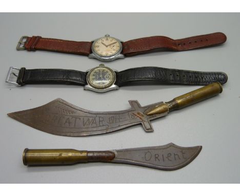 A German Entanche WWII wristwatch, the 28mm case back marked DH, D0011258H, a Bravingtons WWII wristwatch, the 32mm case back