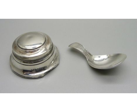 A silver caddy spoon, London 1804, Josiah Snatt,  and a silver trinket pot, (pot a/f) 