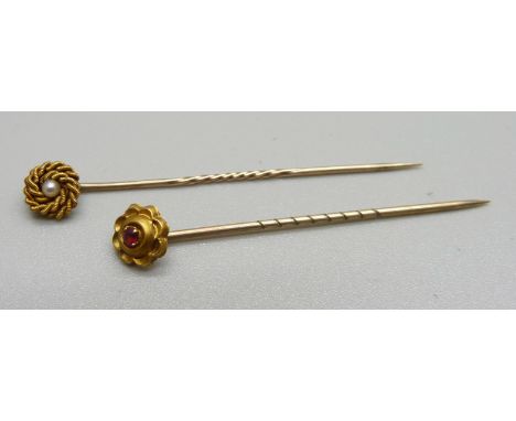 A 9ct gold pin set with ruby and a 15ct gold pin set with pearl 