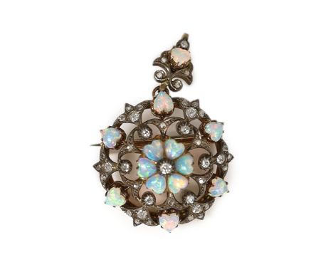 A Victorian gold and silver, heart shaped white opal and old round cut diamond cluster set circular drop pendant brooch, over