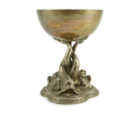 A Victorian small silver centrepiece by John Samuel Hunt (Hunt &amp; Roskell late Storr &amp; Mortimer), with tri-dolphin sup