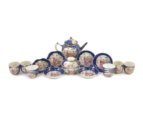 A Chinese export famille rose part tea and coffee set, Qianlong period, each piece painted with a lady in a pavilion garden w