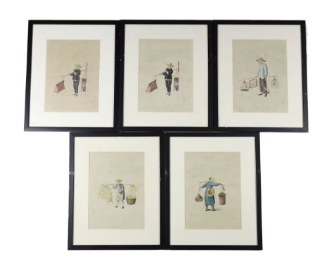 A set of five Chinese paintings on paper of street vendors, 19th century, each bearing two red seal marks, image 37cm x 27cm*