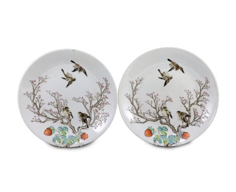 A pair of Chinese enamelled porcelain 'blackbird' dishes, Qianlong seal marks but 19th century, each painted with blackbirds 