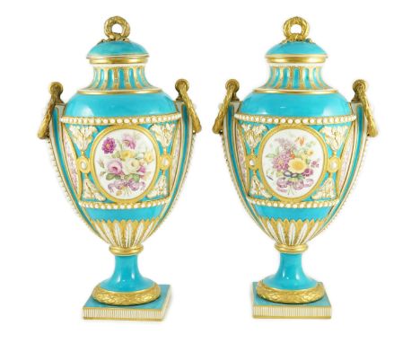 A pair of Minton Sevres style vases and covers, mid 19th century, each finely painted with floral bouquets to oval reserves w