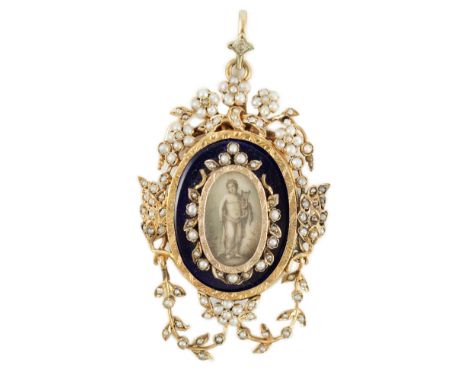 A Regency parcel gilt silver seed pearl and enamel set oval pendant, with inset ivory panel of a semi-clad figure with a lyre