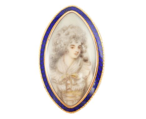 A Regency gold and enamel mounted miniature inset mourning brooch, of navette shape, the panel painted with the bust of a lad