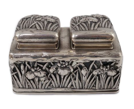 A Japanese silver double inkwell by Arthur Bond, Yokohama, c.1900, embossed and pierced with irises, 14cm wide**CONDITION REP