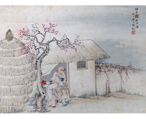 A Chinese scroll painting on paper of a sage and a boy in a hut, early 20th century, inscribed and with seal mark upper right