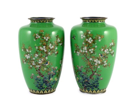 A pair of Japanese cloisonné enamel vases, early 20th century, each decorated with birds amid blossom and flowers, on an appl