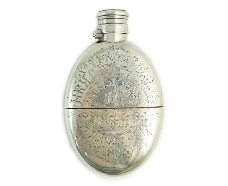 A late Victorian silver oval hip flask, with Royal presentation inscription 'From H.R.H. the Prince of Wales to E.W. Curton, 