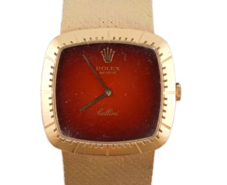 A gentleman's 1970's 18ct gold Rolex Cellini manual wind wrist watch, on an integral brushed gold bracelet, with honey colour