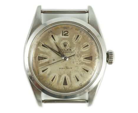 A gentleman's 1950's stainless steel Rolex Oyster Perpetual wrist watch, with arrow head markers, model no. 6298, case diamet