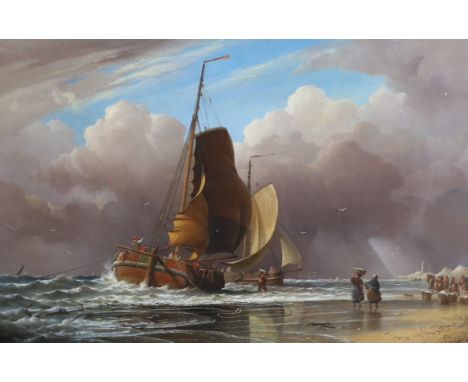 Edward William Cooke (1811-1880) 'Dutch pinks unloading their catch off Egmond aan Zee'oil on canvas59 x 89cm, together with 