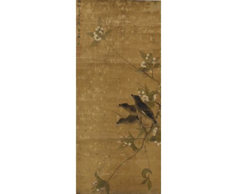 A Chinese scroll painting on silk of blackbirds perched on a blossoming branch, 19th century, inscribed and with two seals up