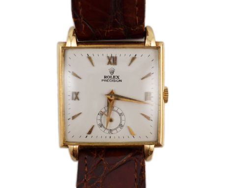 A gentleman's 18ct gold Rolex precision square dial manual wind wrist watch, with subsidiary seconds, case diameter 28mm, on 